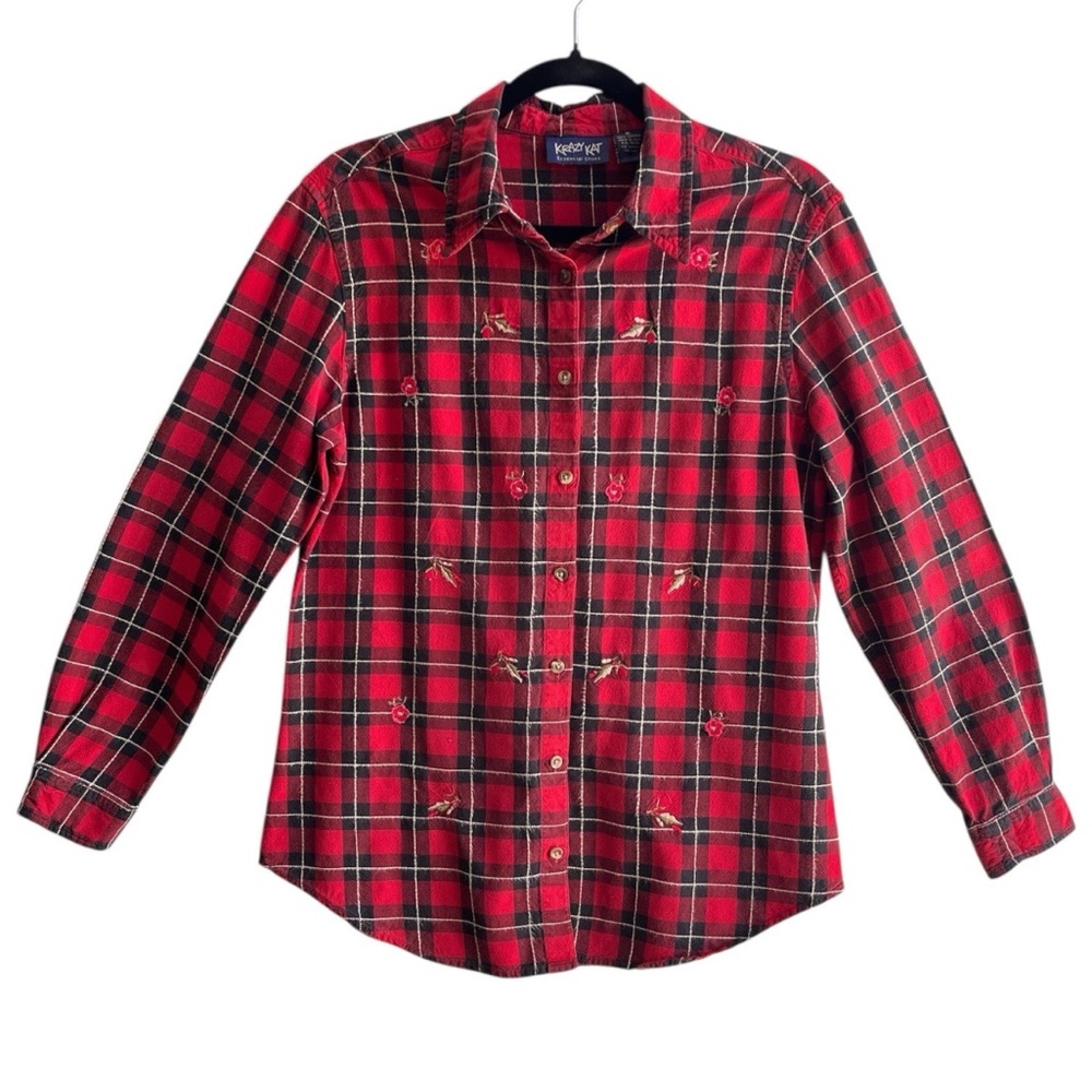 Vintage Krazy Kat Red and Black Plaid Button Down Shirt Medium Christmas Holiday